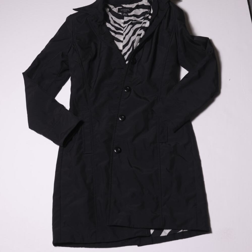 Vintage Y2K Guess Black Trench Coat Zebra Print Lining Minimalist Jacket Women’s